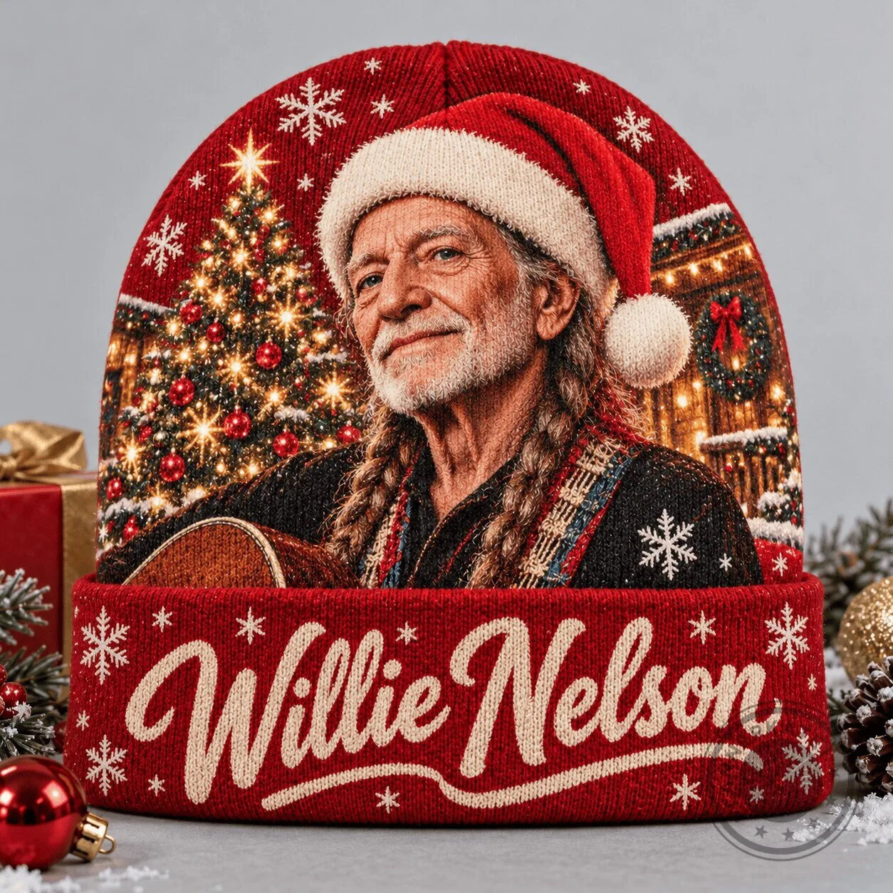 Willie Nelson Santa Portrait Christmas Tree Knit Beanie Cap Hat