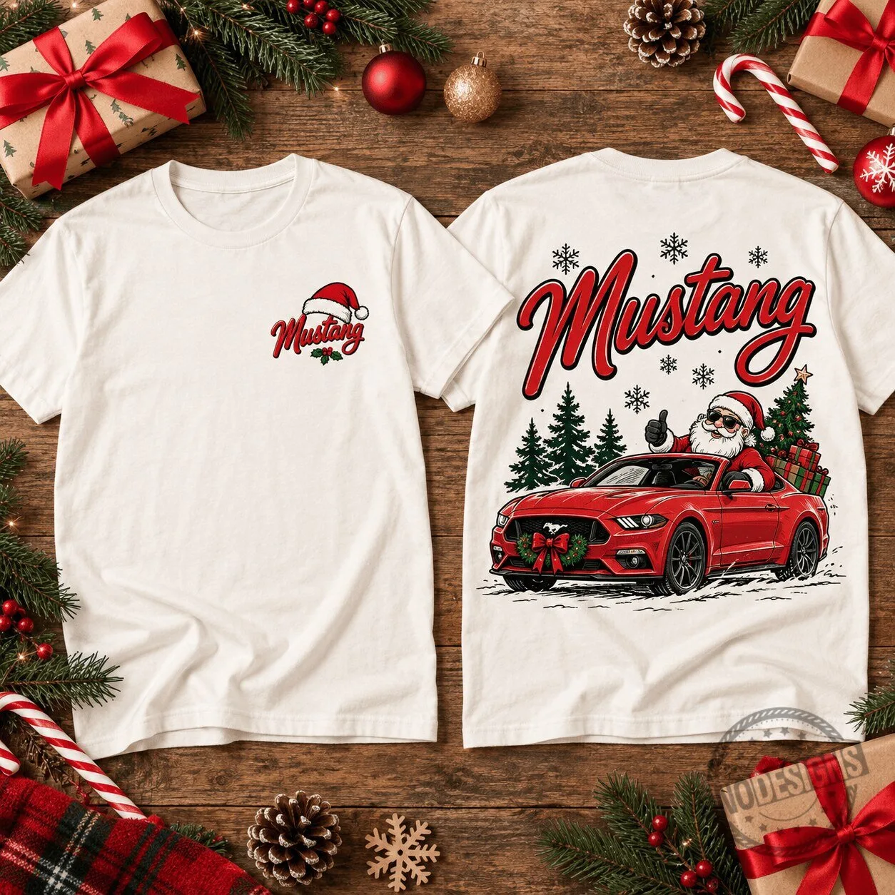 Ford Mustang Christmas Santa Driving Car Holiday Graphic T-Shirt