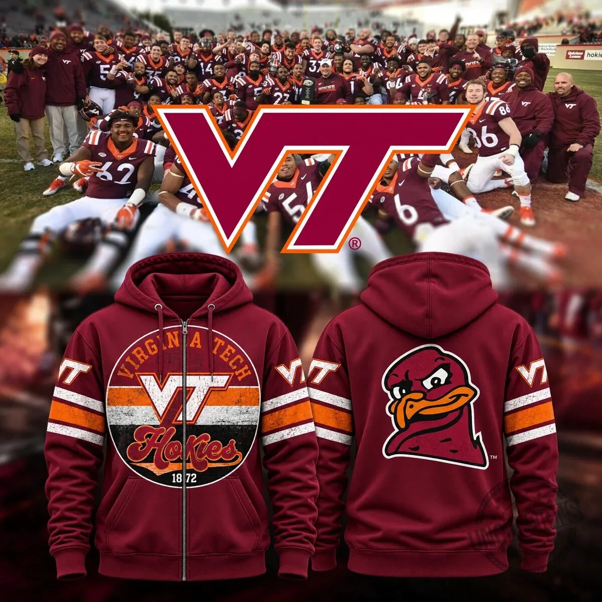 Full Zip Hoodie for Virginia Tech Hokies Football Fans
