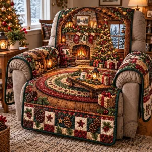 Christmas Library Fireplace Scene Quilted Sofa Cover for Living Room Decor
