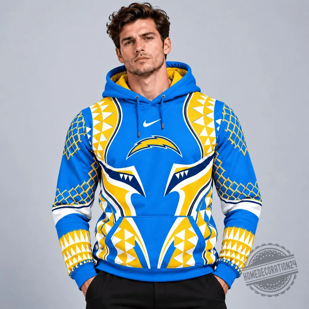 Los Angeles Chargers Tribal Geometric Pattern Pullover Hoodie