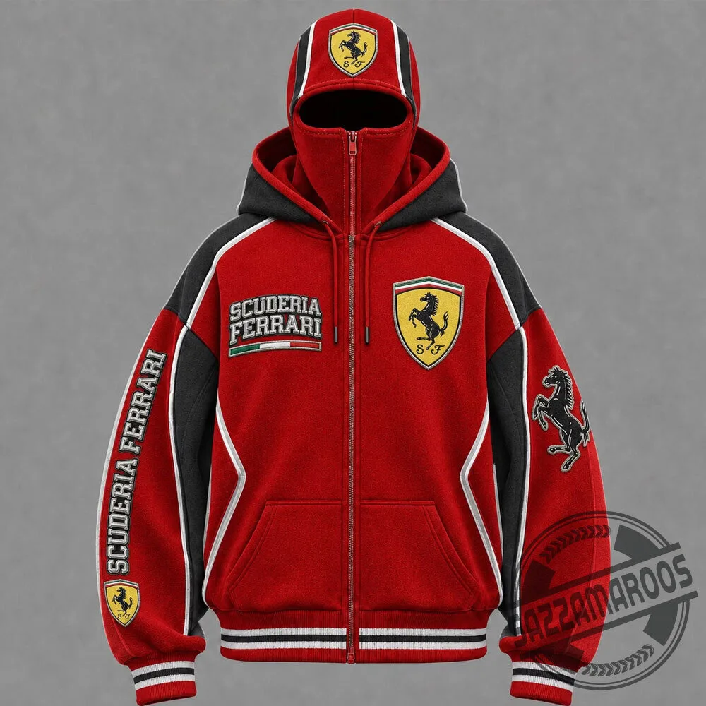 Scuderia Ferrari F1 Racing Red Black Balaclava Mask Zip Up Hoodie 2 Scuderia Ferrari F1 Racing Red Black Balaclava Mask Zip Up Hoodie