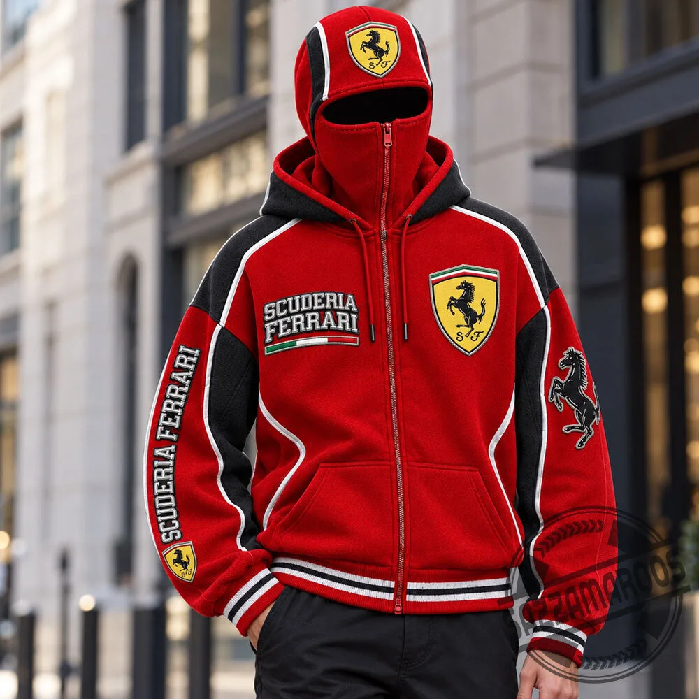 Scuderia Ferrari F1 Racing Red Black Balaclava Mask Zip Up Hoodie 3 Scuderia Ferrari F1 Racing Red Black Balaclava Mask Zip Up Hoodie