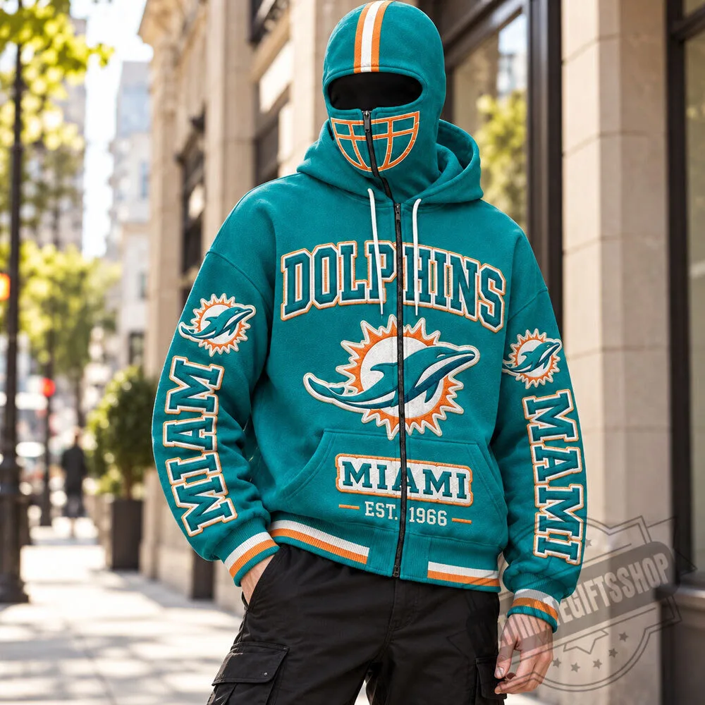 Miami Dolphins NFL Aqua Teal Balaclava Mask Zip Up Hoodie