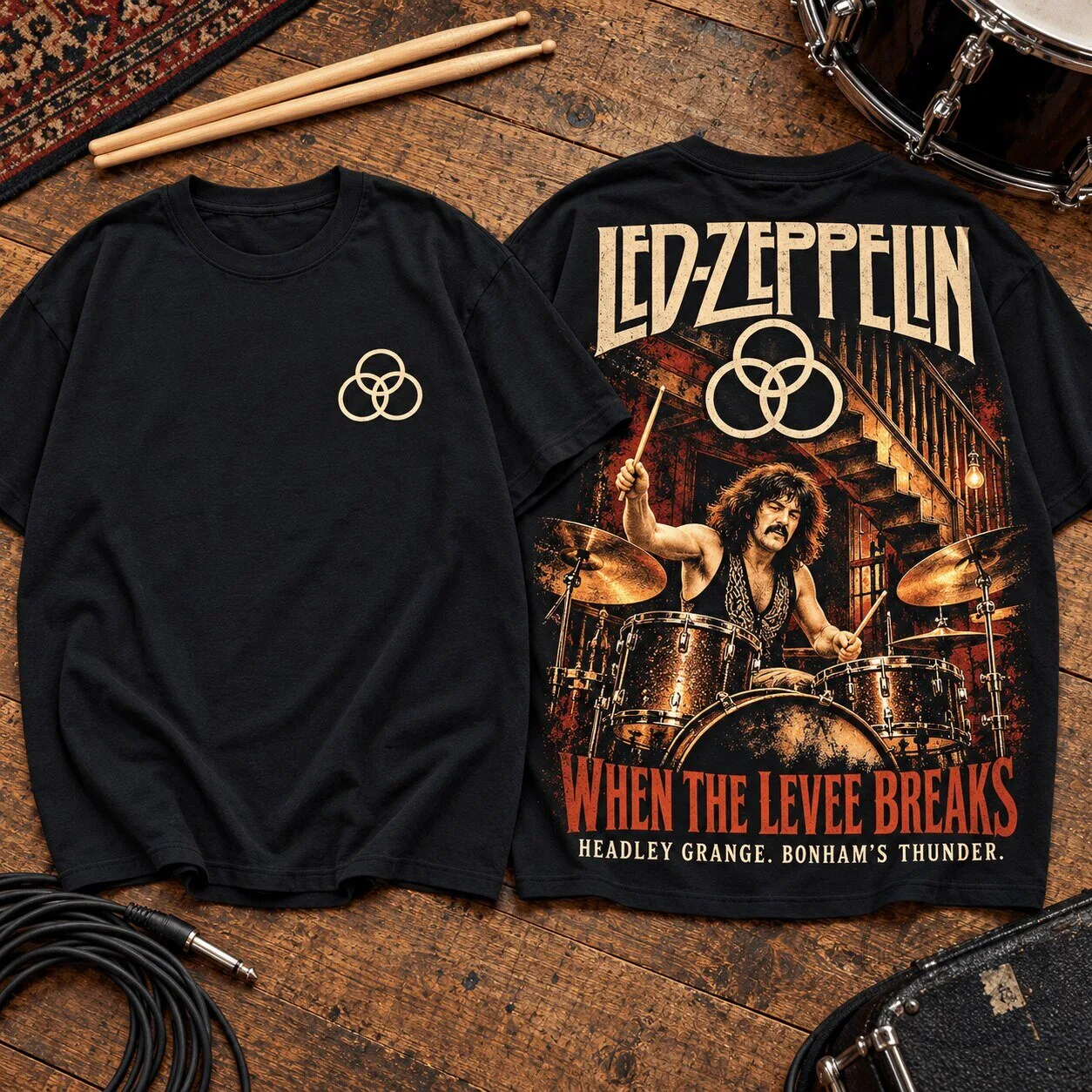 Led Zeppelin When the Levee Breaks John Bonham Artwork Black T-Shirt