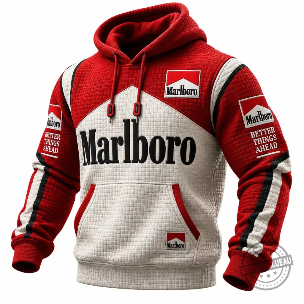 Marlboro Racing Team Red and White Quilted Hoodie with Drawstring Marlboro Racing Team Red and White Quilted Hoodie with Drawstring