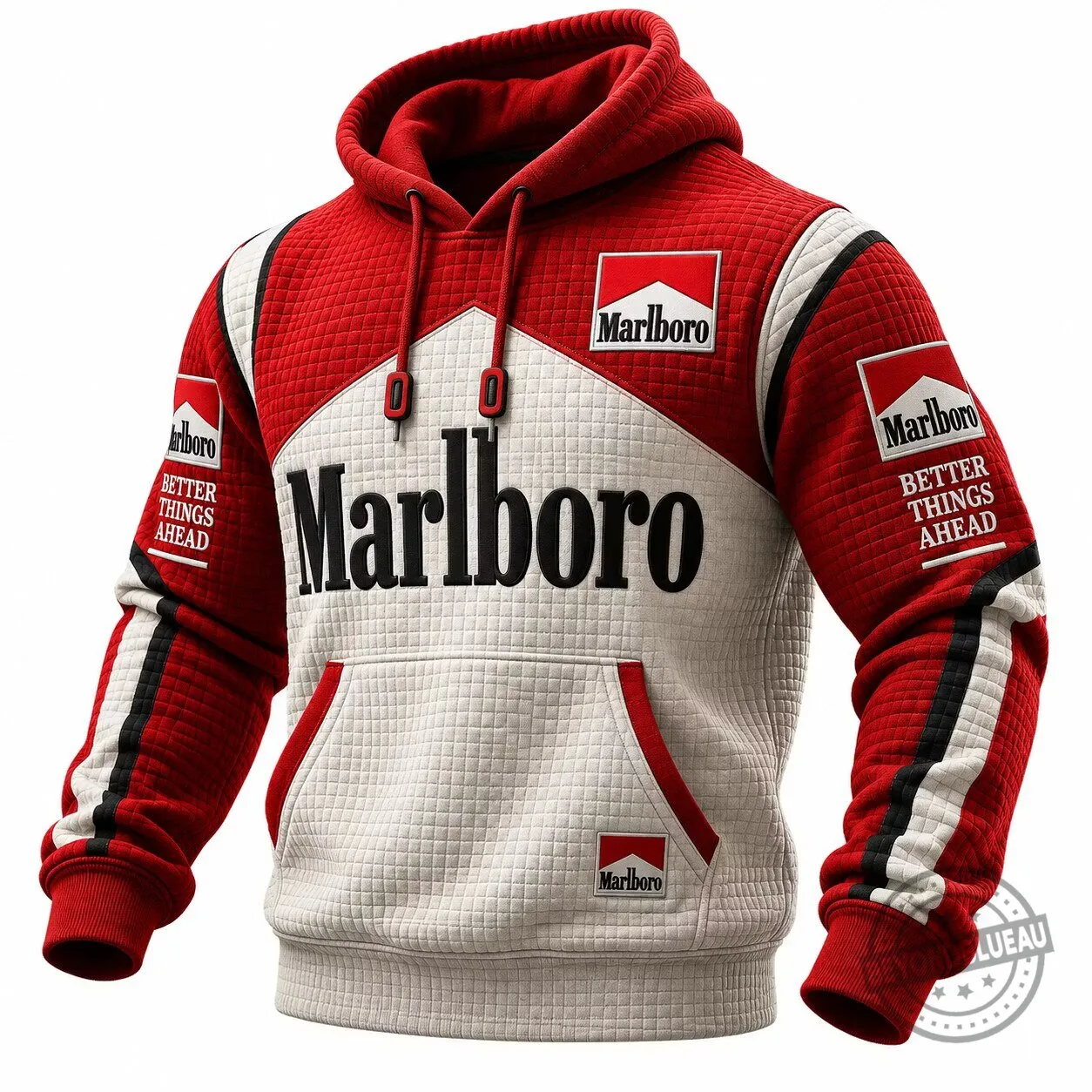 Marlboro Racing Team Red and White Quilted Hoodie with Drawstring 1 Marlboro Racing Team Red and White Quilted Hoodie with Drawstring