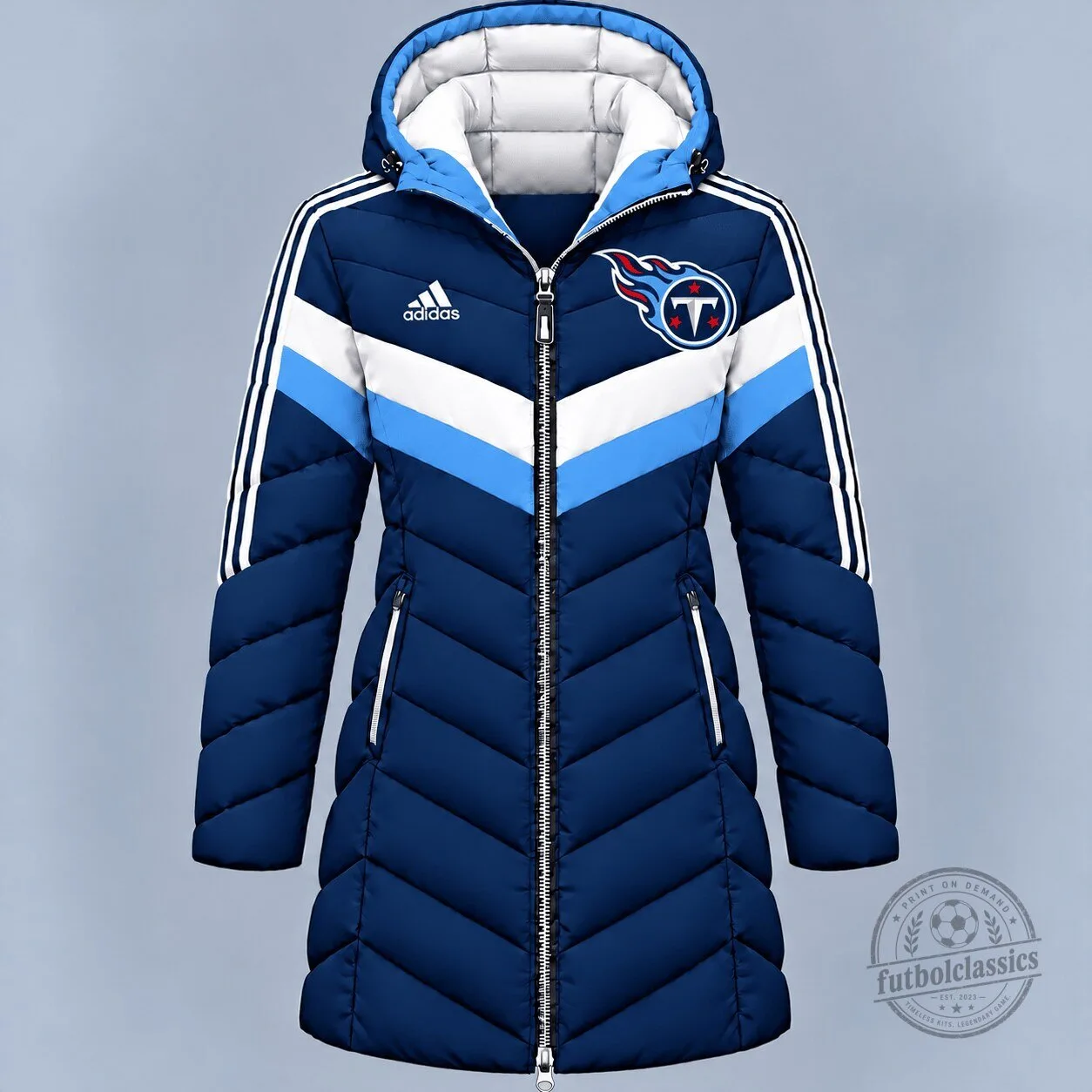 Tennessee Titans NFL Adidas Arctic Shield Chevron Long Hooded Puffer Jacket 1 Tennessee Titans NFL Adidas Arctic Shield Chevron Long Hooded Puffer Jacket
