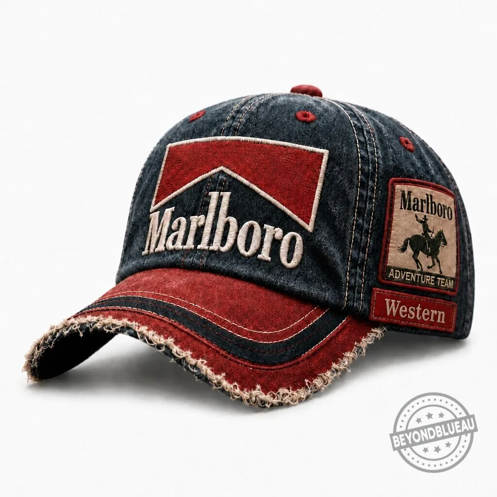 Marlboro Adventure Team Western Distressed Denim Baseball Cap Hat