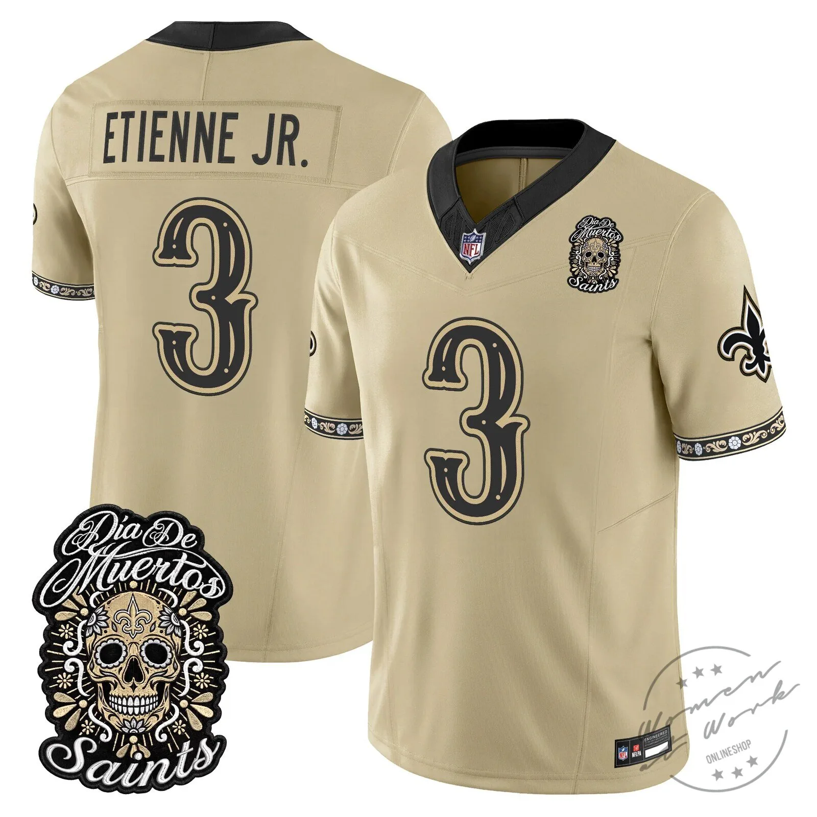 New Orleans Saints Spencer Rattler Día de los Muertos Football Jersey 34 New Orleans Saints Spencer Rattler Día de los Muertos Football Jersey