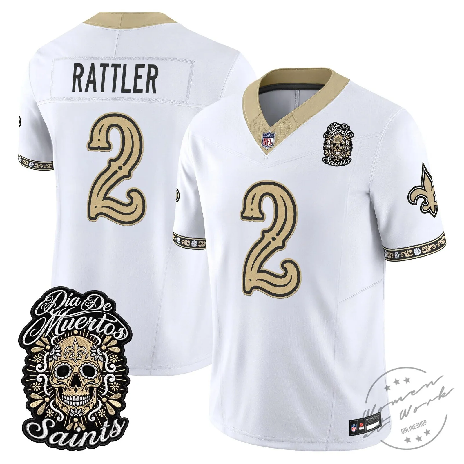 New Orleans Saints Spencer Rattler Día de los Muertos Football Jersey 40 New Orleans Saints Spencer Rattler Día de los Muertos Football Jersey