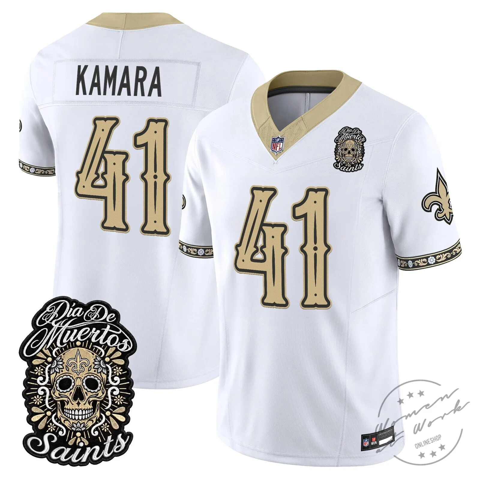 New Orleans Saints Spencer Rattler Día de los Muertos Football Jersey 41 New Orleans Saints Spencer Rattler Día de los Muertos Football Jersey