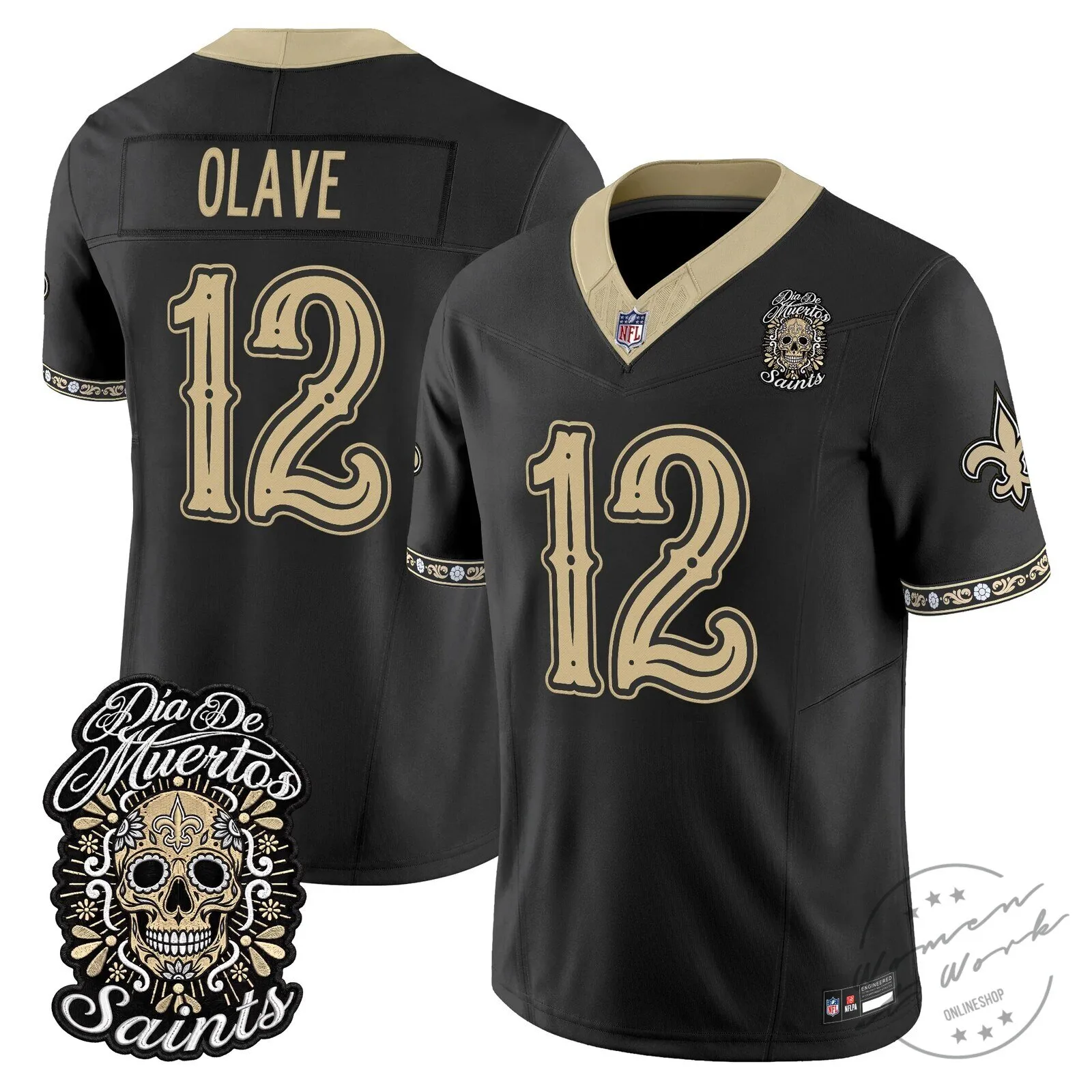 New Orleans Saints Spencer Rattler Día de los Muertos Football Jersey 53 New Orleans Saints Spencer Rattler Día de los Muertos Football Jersey