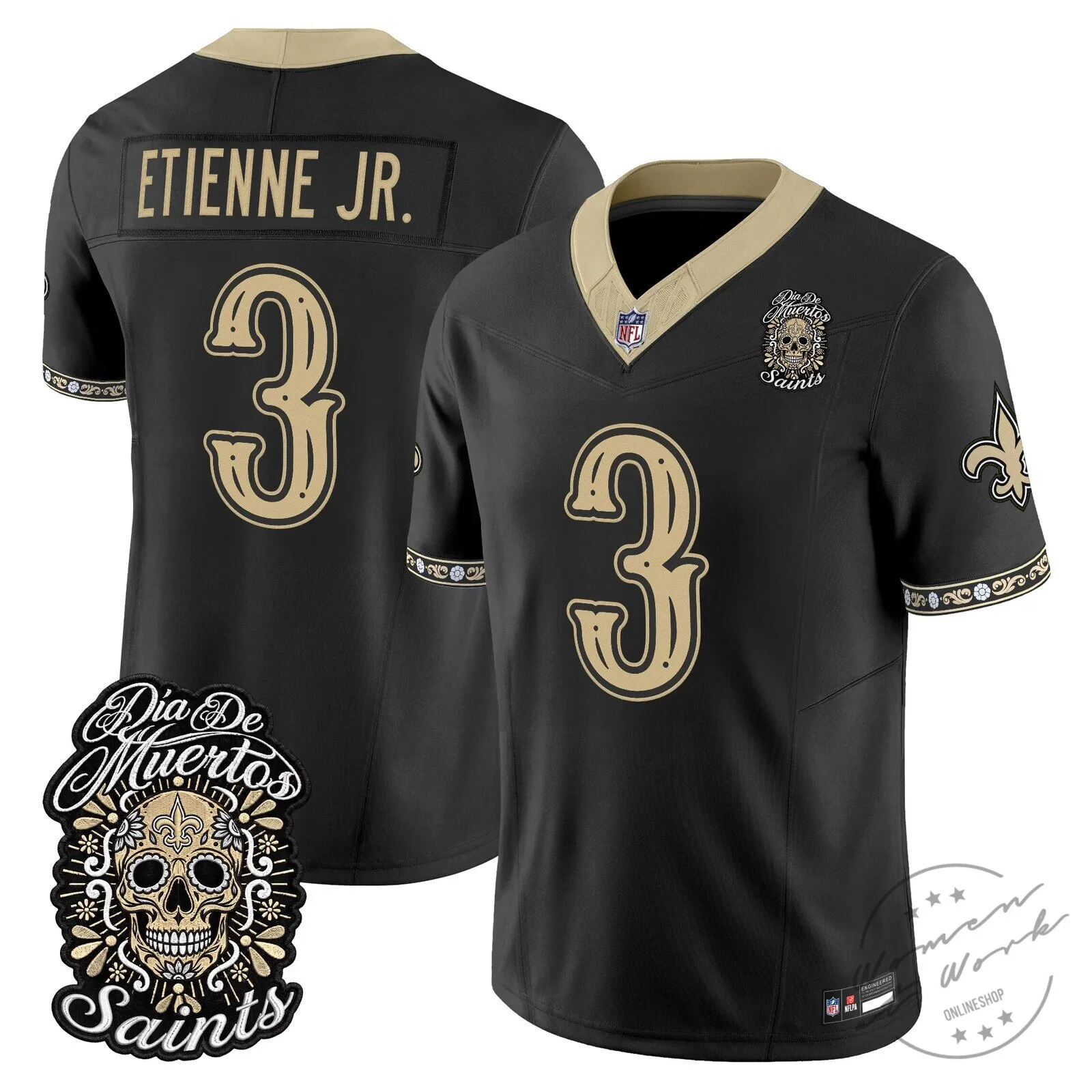 New Orleans Saints Spencer Rattler Día de los Muertos Football Jersey 54 New Orleans Saints Spencer Rattler Día de los Muertos Football Jersey