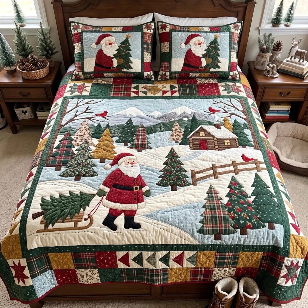 Christmas Santa Claus Winter Wonderland Quilted Bedding Set with Pillow Shams 29 Christmas Santa Claus Winter Wonderland Quilted Bedding Set with Pillow Shams