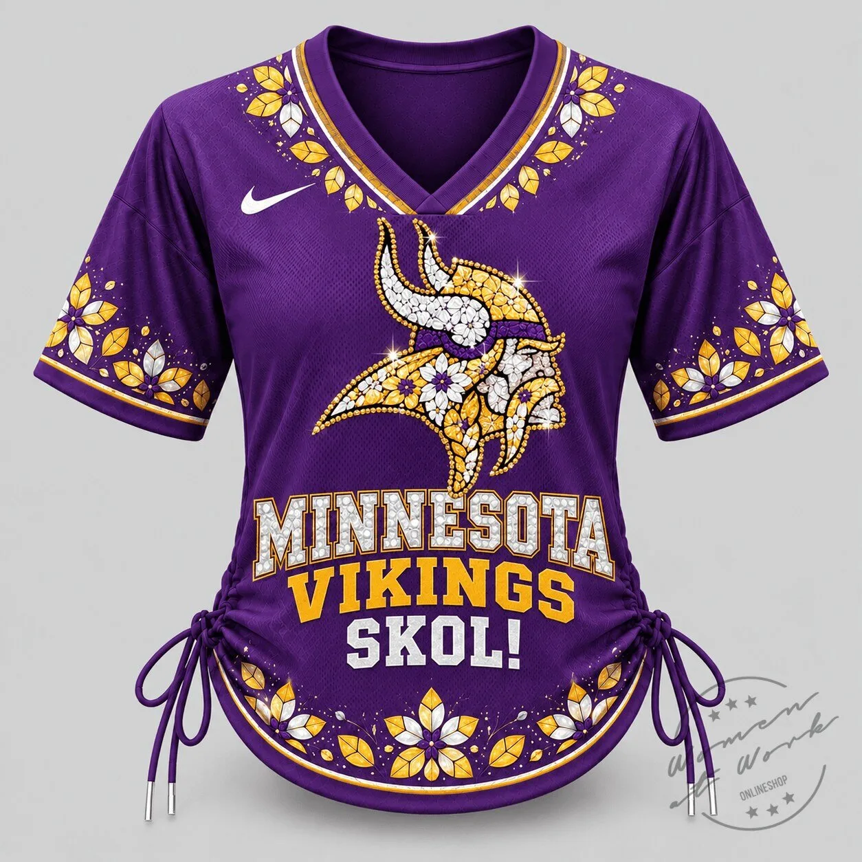 Minnesota Vikings NFL Football Floral Lace Up Women's Jersey Top 1 Minnesota Vikings NFL Football Floral Lace Up Women