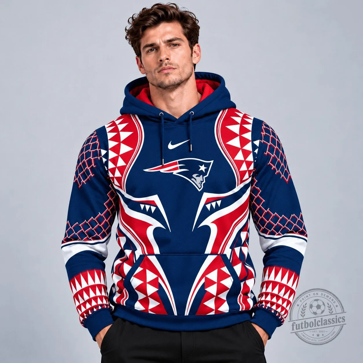 New England Patriots Tribal Geometric Pattern Pullover Hoodie with Bold Team Logo 1 New England Patriots Tribal Geometric Pattern Pullover Hoodie with Bold Team Logo