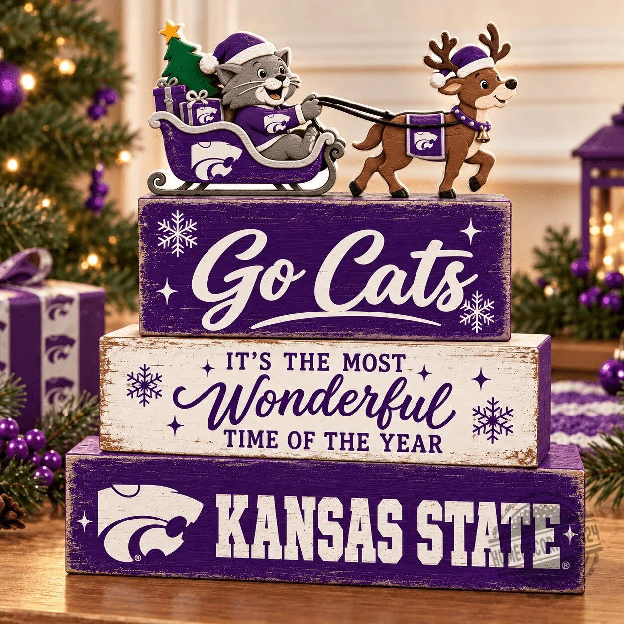 Kansas State Wildcats Football Christmas Wooden Tabletop Sign Decor