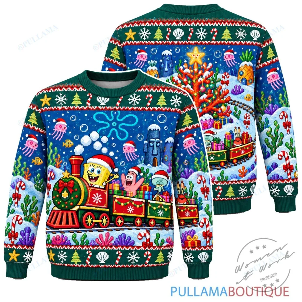 SpongeBob SquarePants Christmas Train Ugly Christmas Sweater SpongeBob SquarePants Christmas Train Ugly Christmas Sweater