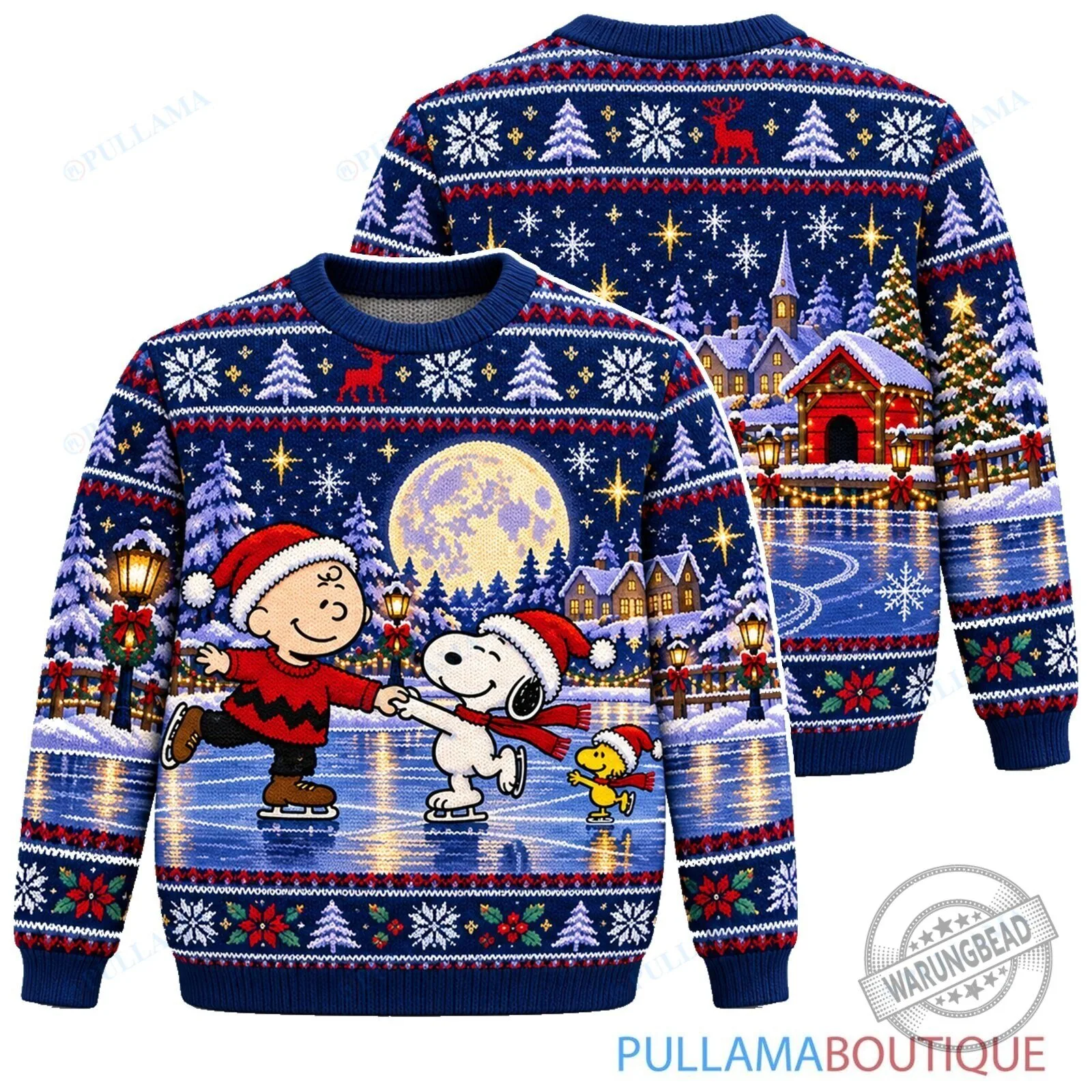 Snoopy Charlie Brown Ice Skating Christmas Holiday Sweater