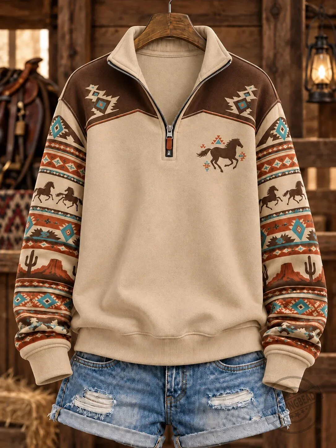 Women's Quarter Zip Pullover Sweatshirt with Western Horse Print 1 Women