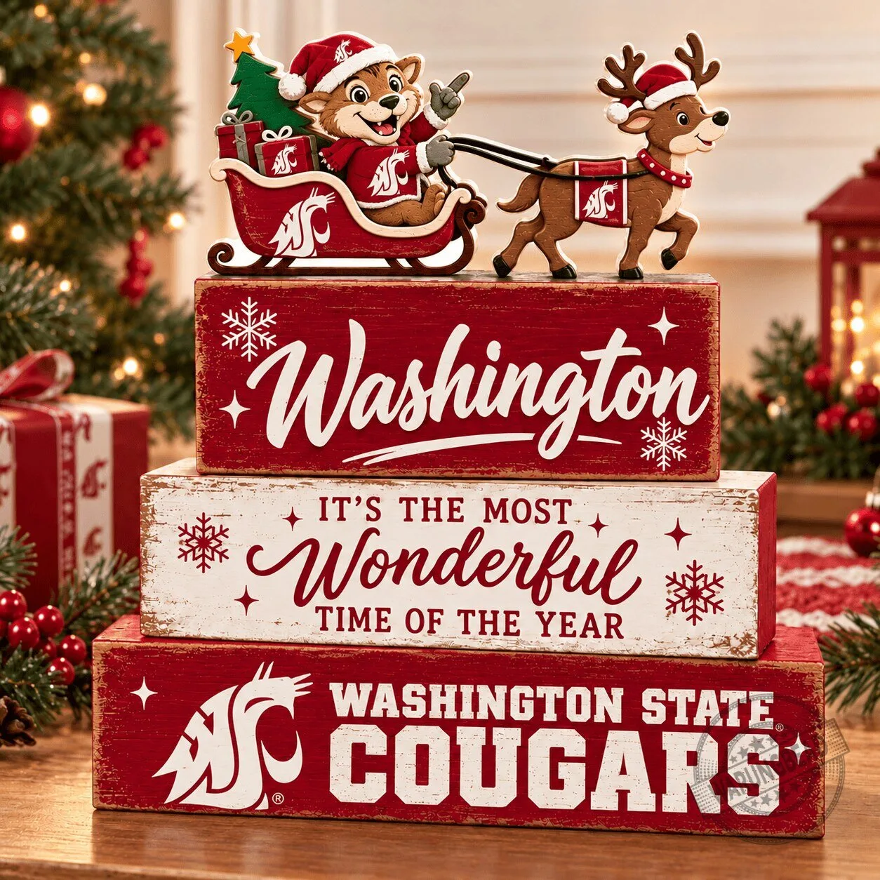 Washington State Cougars Christmas Holiday Stacked Wooden Block Sign Decor