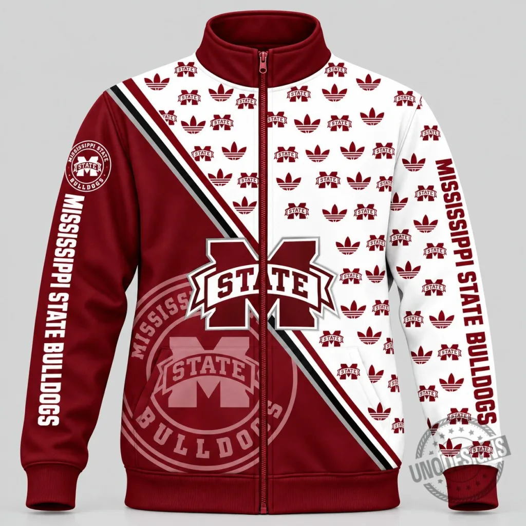 Mississippi State Bulldogs NCAA Diagonal Split Logo Pattern Full-Zip Jacket Mississippi State Bulldogs NCAA Diagonal Split Logo Pattern Full-Zip Jacket