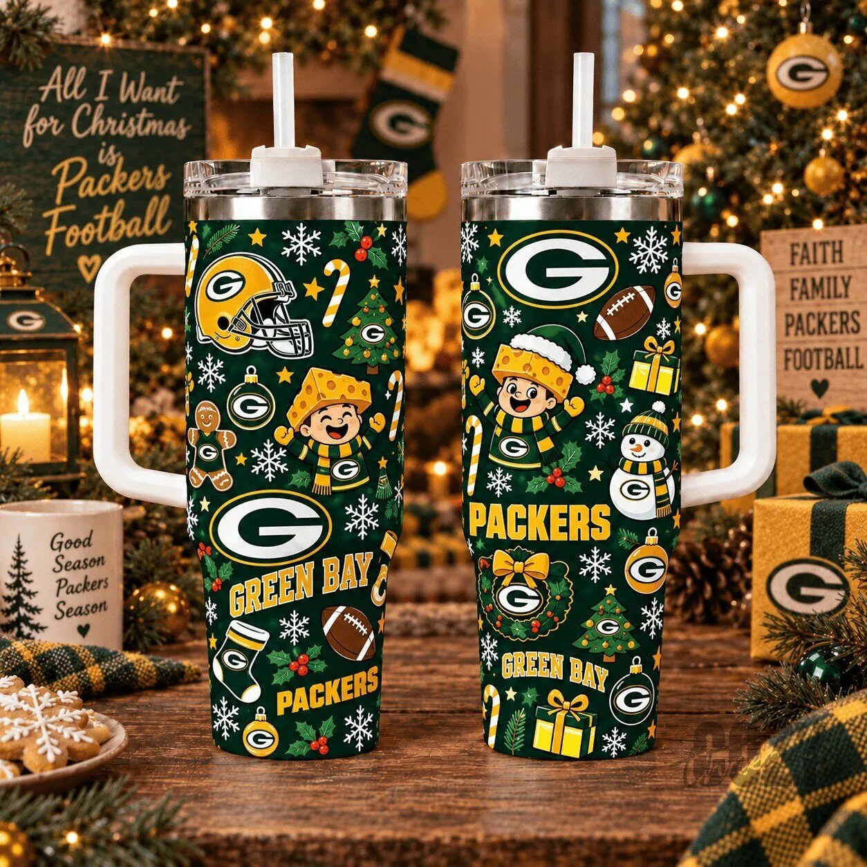 Green Bay Packers Christmas Holiday Football Team 40oz Tumbler with Handle