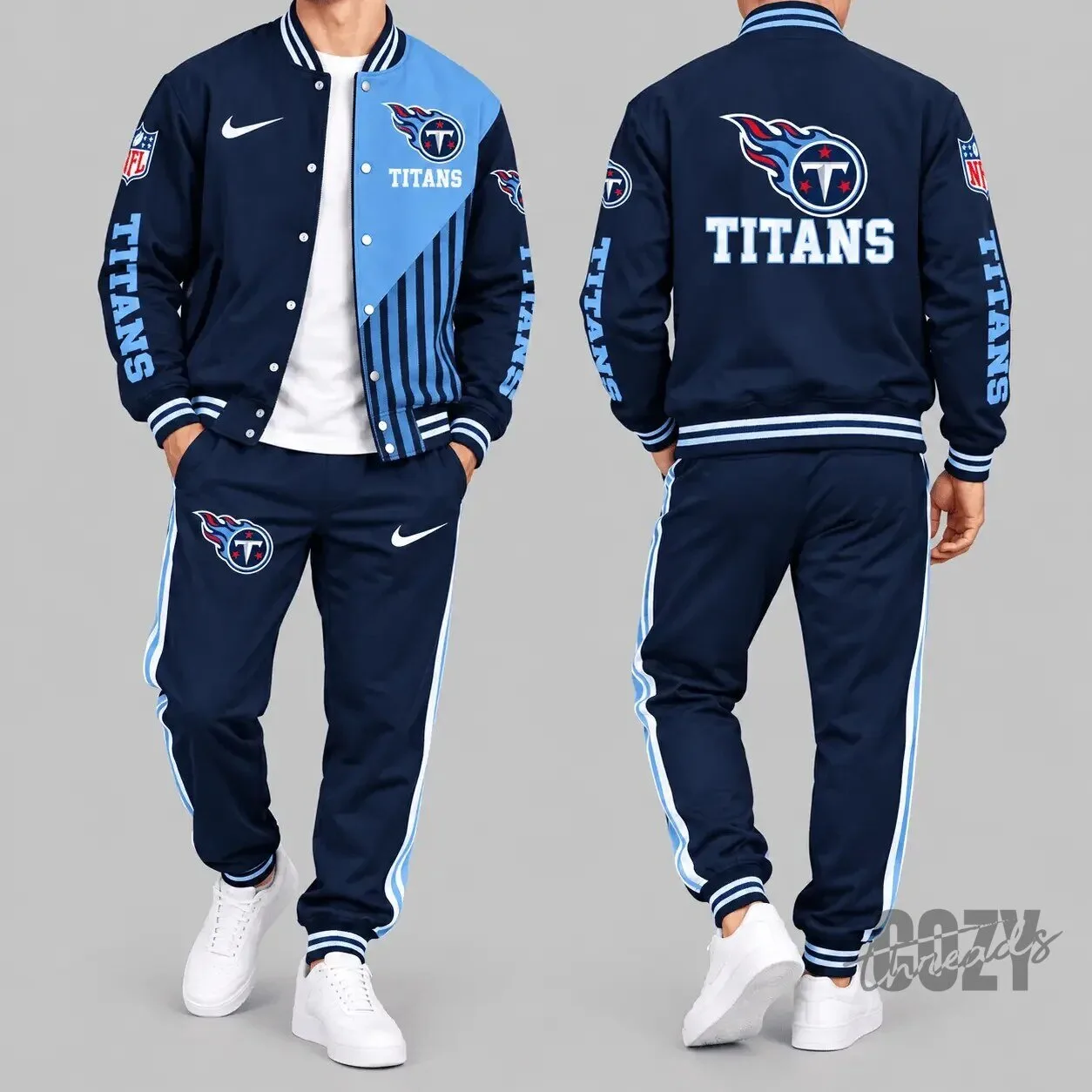 Tennessee Titans NFL Split Panel Varsity Jacket and Jogger Pants Set 1 Tennessee Titans NFL Split Panel Varsity Jacket and Jogger Pants Set