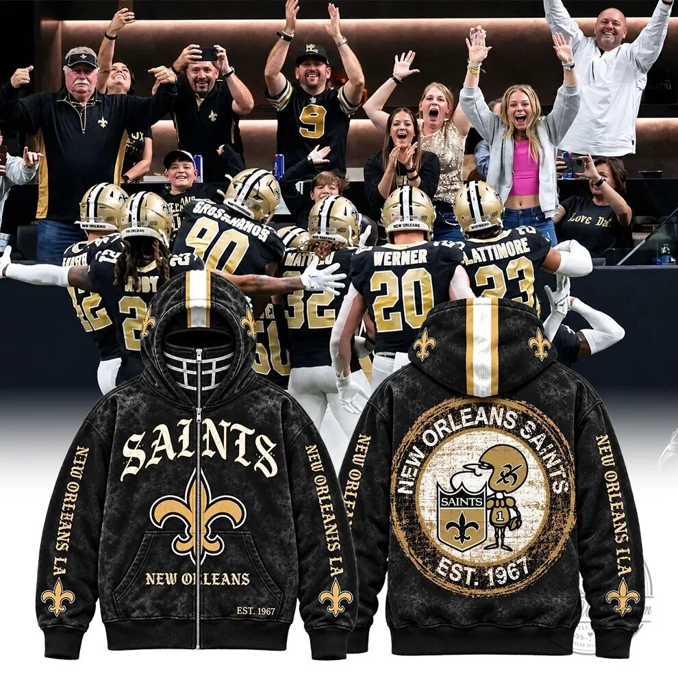 New Orleans Saints Football Team Full-Zip Hoodie with Helmet Grill Graphics 3 New Orleans Saints Football Team Full-Zip Hoodie with Helmet Grill Graphics