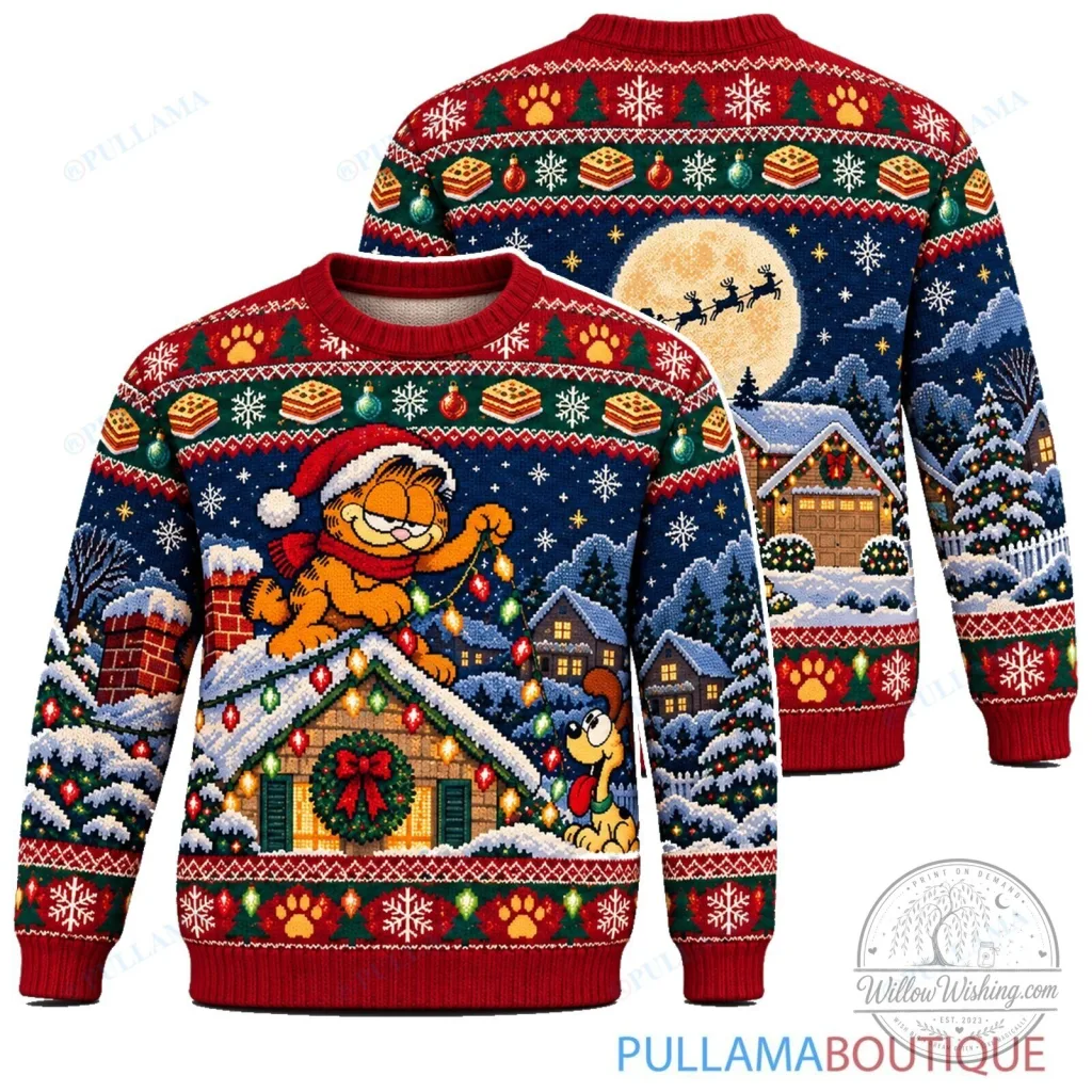 Garfield Rooftop Christmas Lights Holiday Winter Knitted Ugly Christmas Sweater Garfield Rooftop Christmas Lights Holiday Winter Knitted Ugly Christmas Sweater