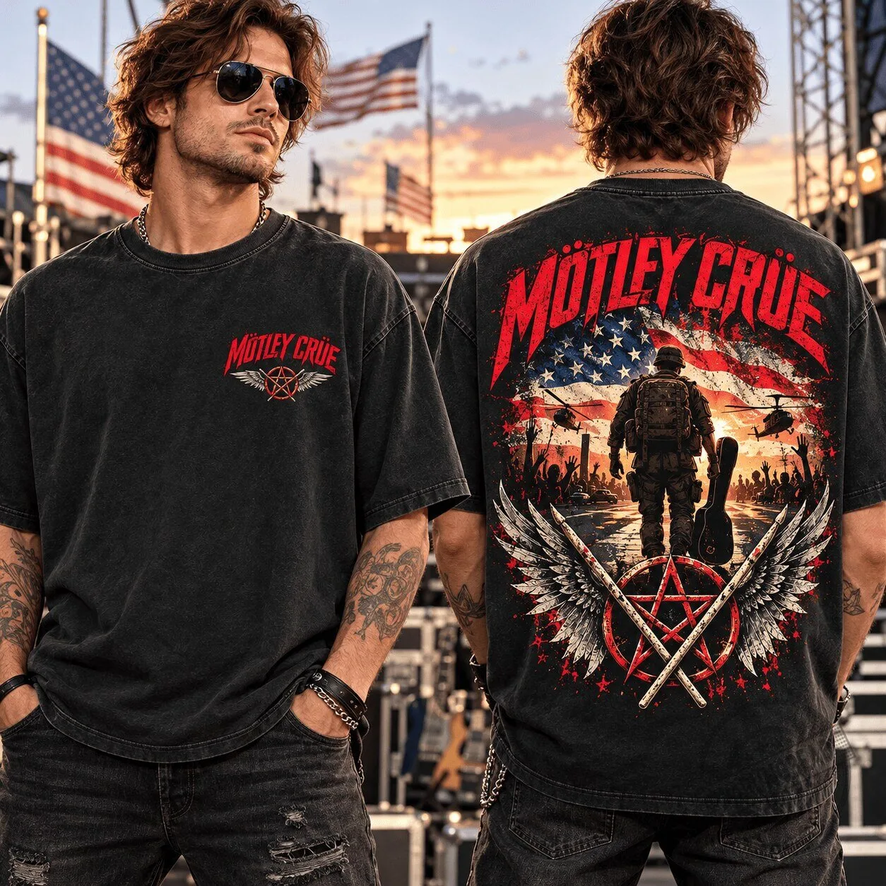 Heavy Cotton T-Shirt featuring Motley Crue's Soldier Graphic Design with American Flag 1 Heavy Cotton T-Shirt featuring Motley Crue