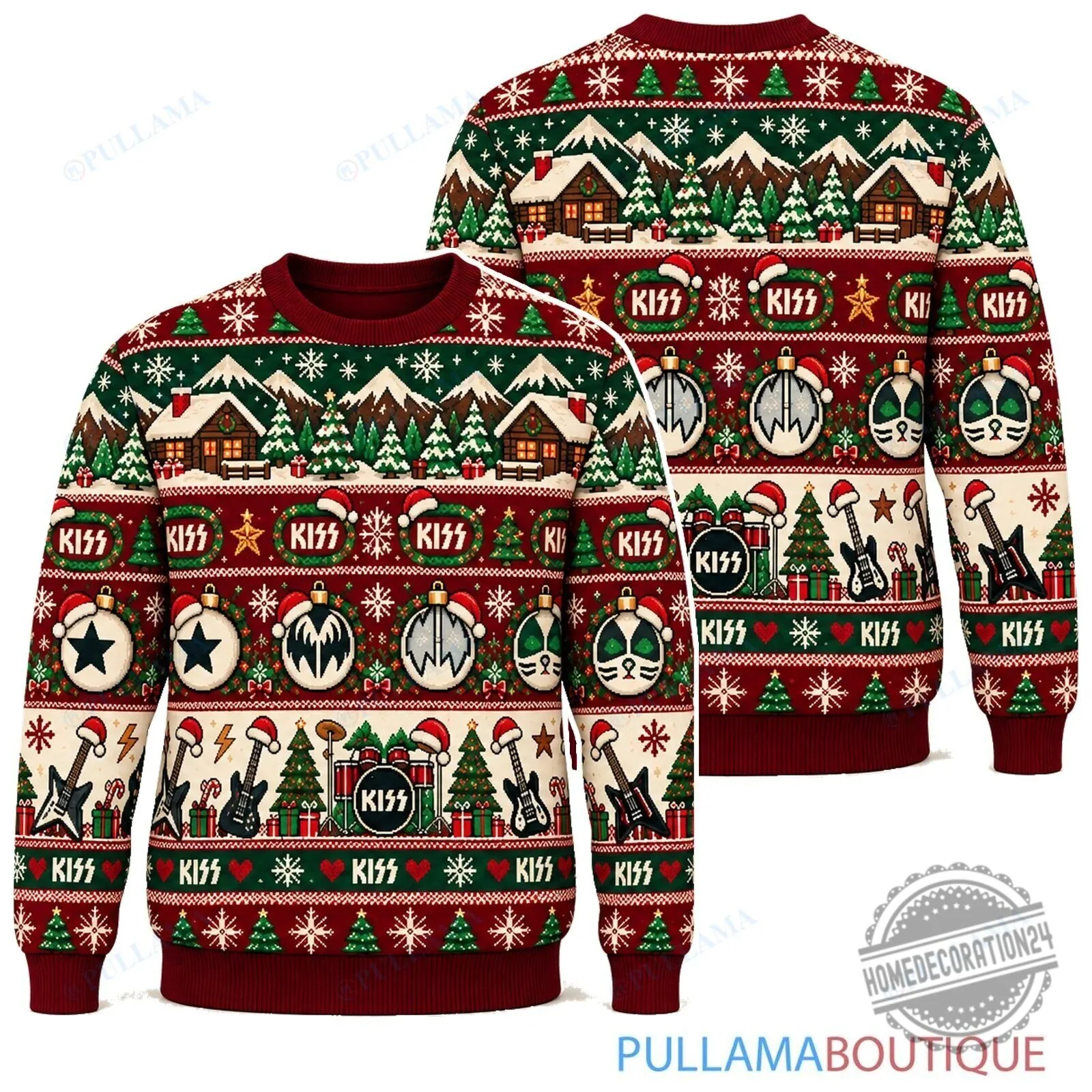 Kiss Band Christmas Holiday Ugly Sweater with Winter Cabin Design