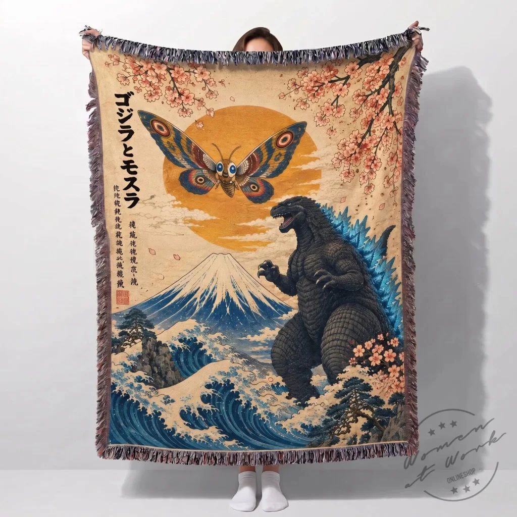 Vintage Godzilla and Mothra Japanese Art Mount Fuji Ocean Waves Blanket Vintage Godzilla and Mothra Japanese Art Mount Fuji Ocean Waves Blanket