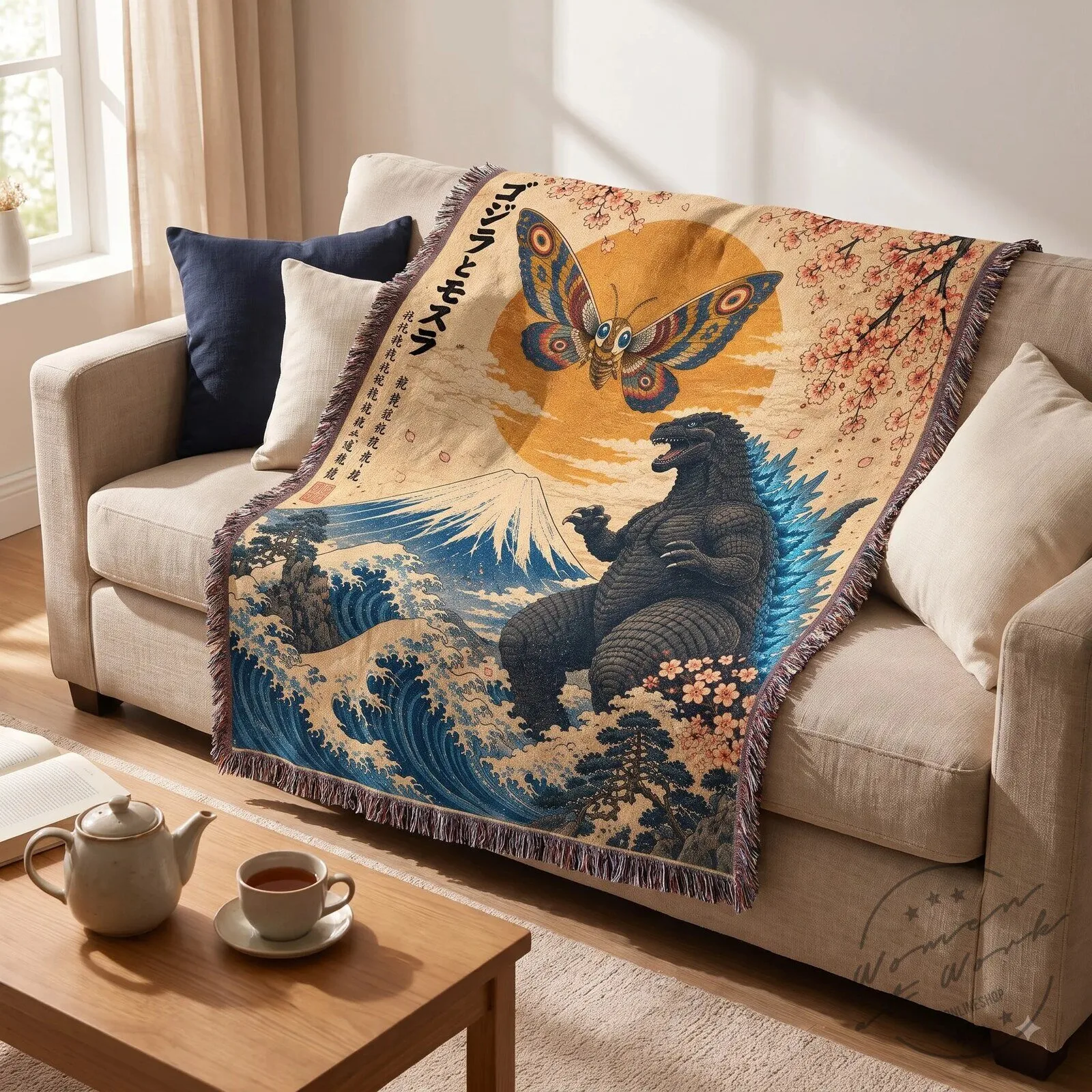 Vintage Godzilla and Mothra Japanese Art Mount Fuji Ocean Waves Blanket 4 Vintage Godzilla and Mothra Japanese Art Mount Fuji Ocean Waves Blanket
