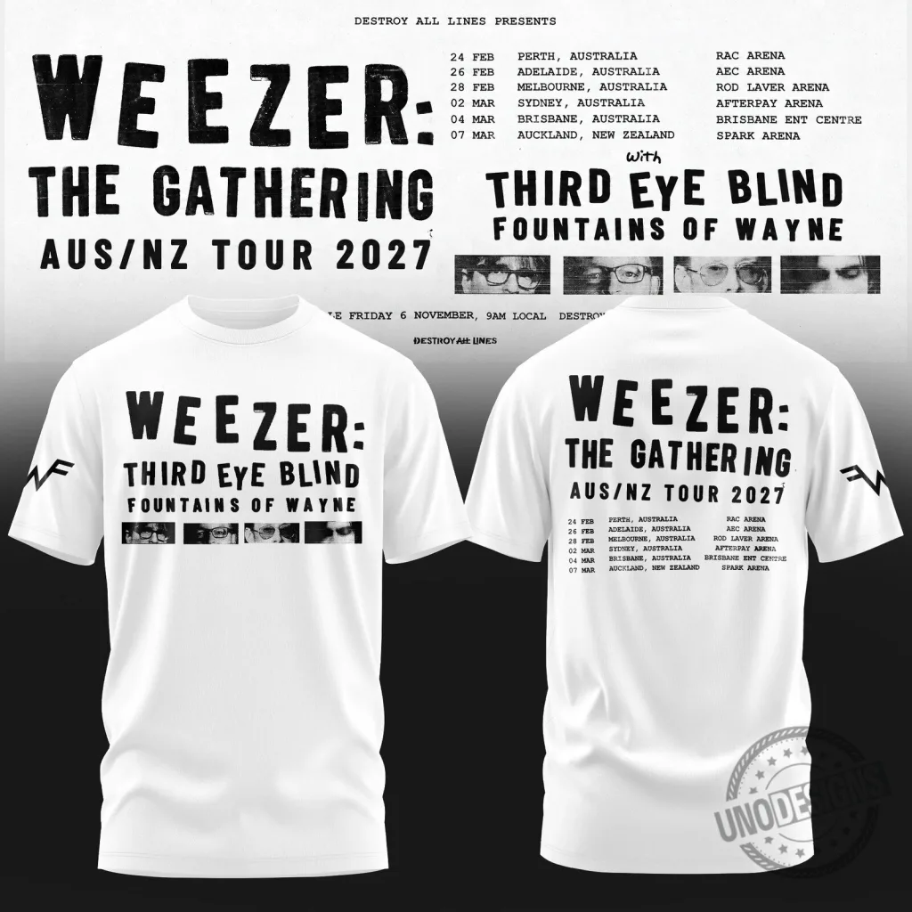 Weezer The Gathering Third Eye Blind Fountains of Wayne Tour 2027 T-Shirt Weezer The Gathering Third Eye Blind Fountains of Wayne Tour 2027 T-Shirt