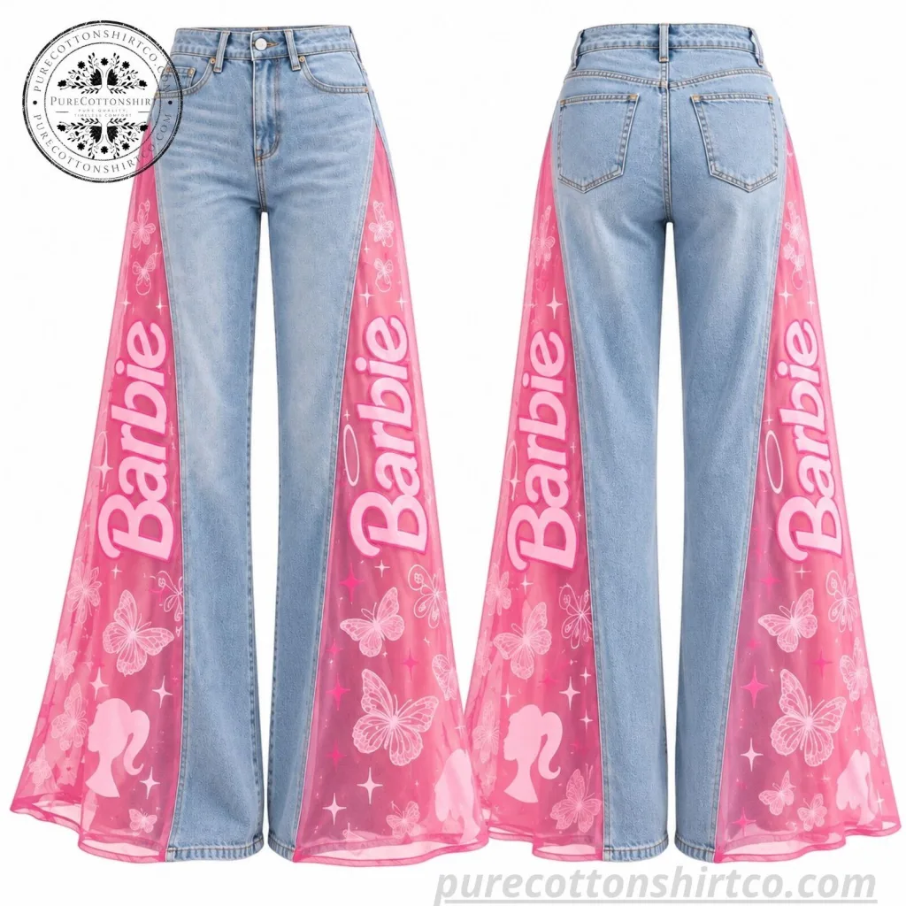 H&M x BARBIE Pink Sheer Mesh Flare Jeans - Y2K Butterfly Wide Leg Denim Pants H&M x BARBIE Pink Sheer Mesh Flare Jeans - Y2K Butterfly Wide Leg Denim Pants
