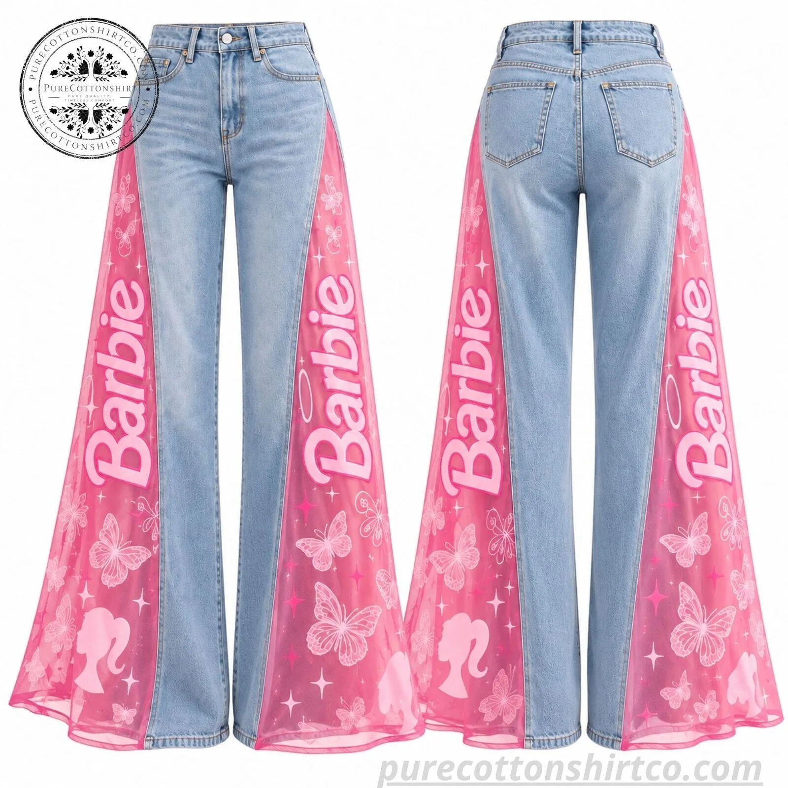 "Trendy Apparel and Holiday Picks: Unique Shirts, Jeans, and Advent Calendar" 3 H&M x BARBIE Pink Sheer Mesh Flare Jeans - Y2K Butterfly Wide Leg Denim Pants