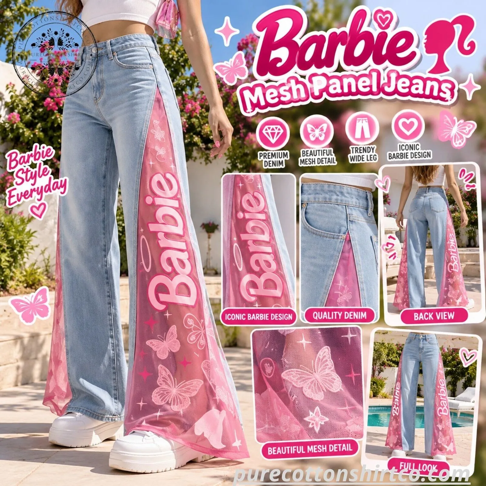 H&M x BARBIE Pink Sheer Mesh Flare Jeans - Y2K Butterfly Wide Leg Denim Pants 8 H&M x BARBIE Pink Sheer Mesh Flare Jeans - Y2K Butterfly Wide Leg Denim Pants