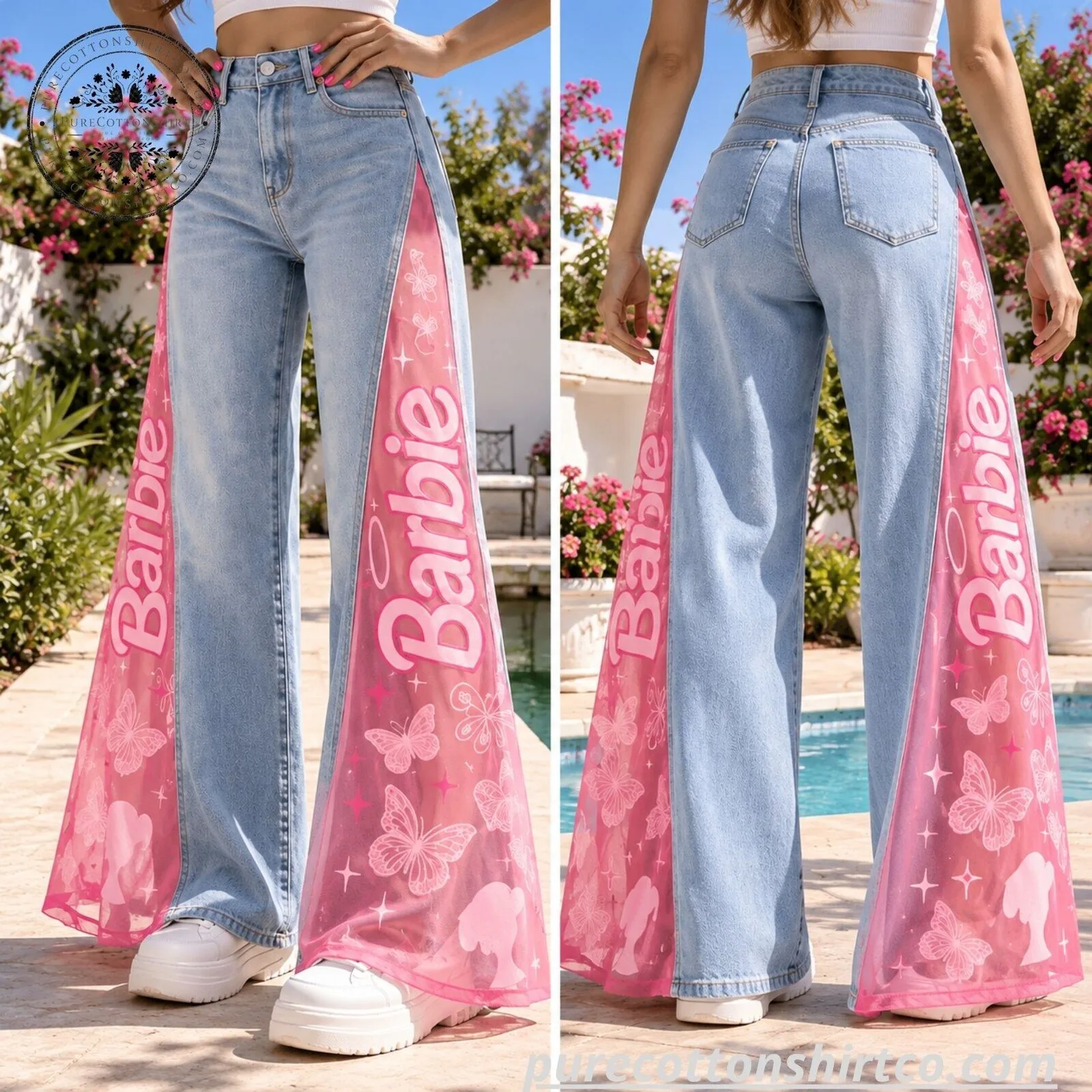 H&M x BARBIE Pink Sheer Mesh Flare Jeans - Y2K Butterfly Wide Leg Denim Pants 10 H&M x BARBIE Pink Sheer Mesh Flare Jeans - Y2K Butterfly Wide Leg Denim Pants
