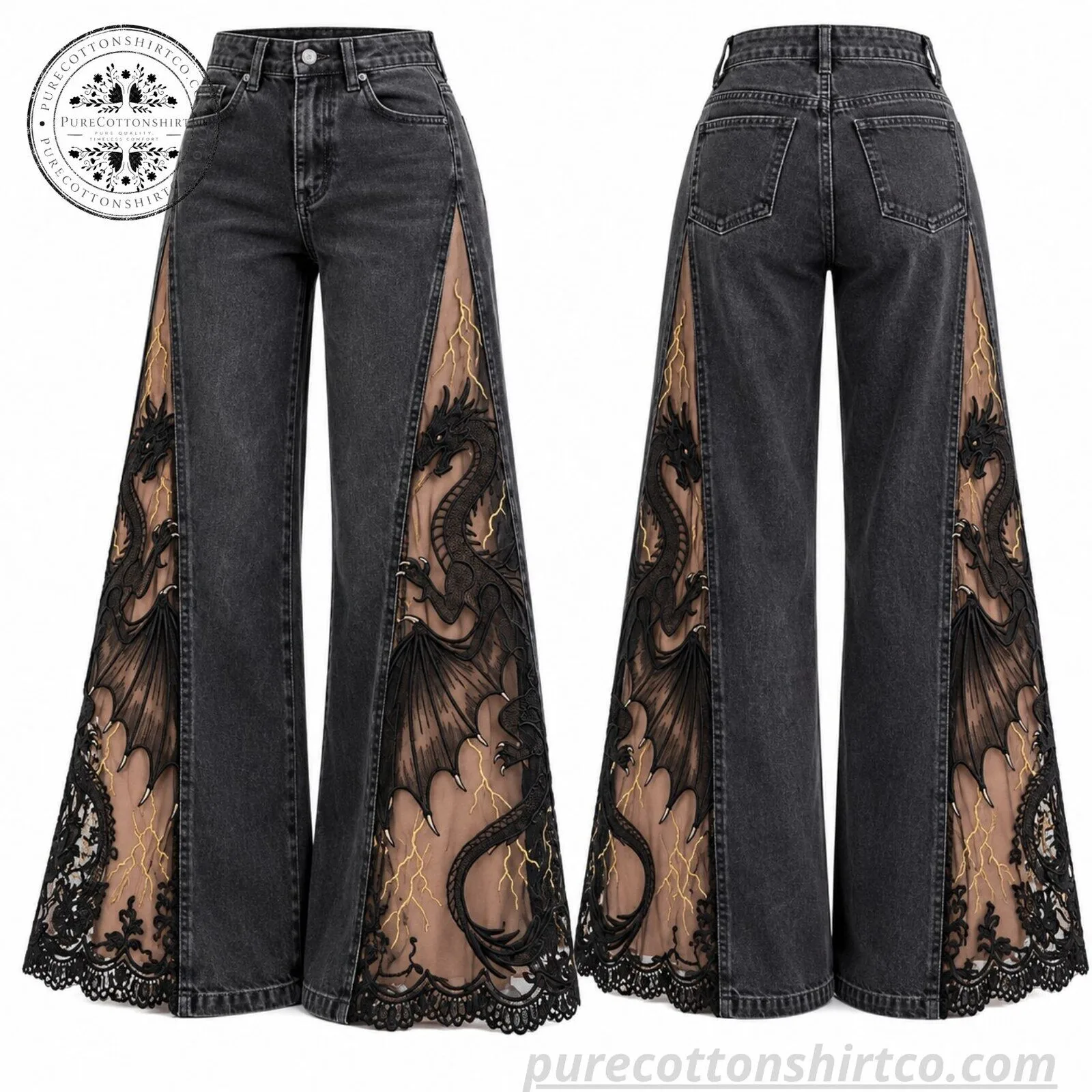 "Trendy Apparel and Holiday Picks: Unique Shirts, Jeans, and Advent Calendar" 4 Gothic Black Dragon & Lightning Mesh Flare Jeans - Vintage Black Wide Leg Denim Pants