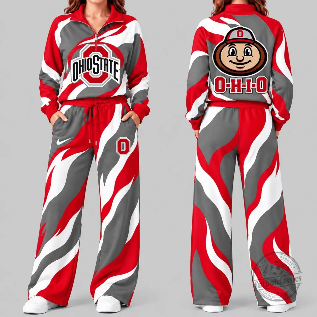 Ohio State Buckeyes Wave Pattern Mascot Quarter Zip Tracksuit Set Ohio State Buckeyes Wave Pattern Mascot Quarter Zip Tracksuit Set