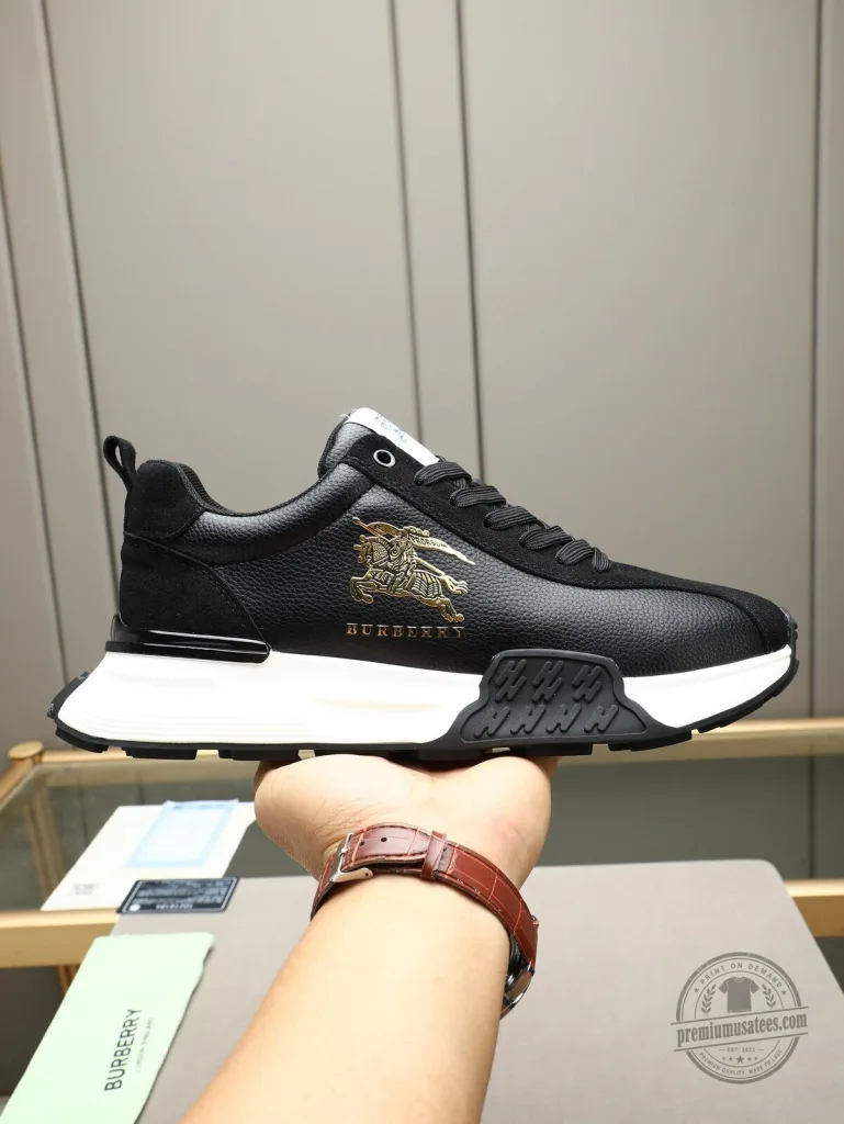 Burberry Black Leather Fashion Sneakers with Gold Logo Accent