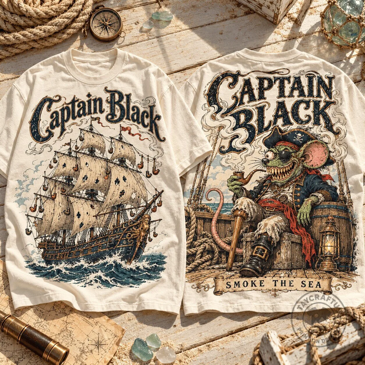 Captain Black Pirate Ship and Rat Fink Tobacco Lover's Graphic T-Shirt 1 Captain Black Pirate Ship and Rat Fink Tobacco Lover