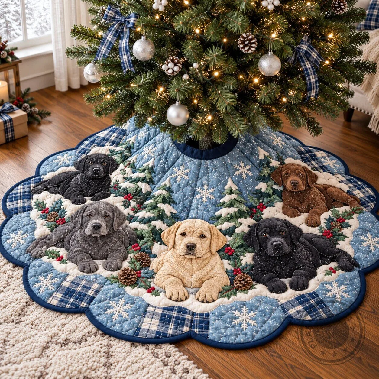 Labrador Retriever Puppies Snowy Christmas Tree Skirt