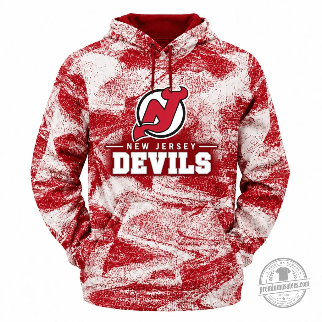 New Jersey Devils NHL Hockey Team Logo Red White Grunge Hoodie New Jersey Devils NHL Hockey Team Logo Red White Grunge Hoodie