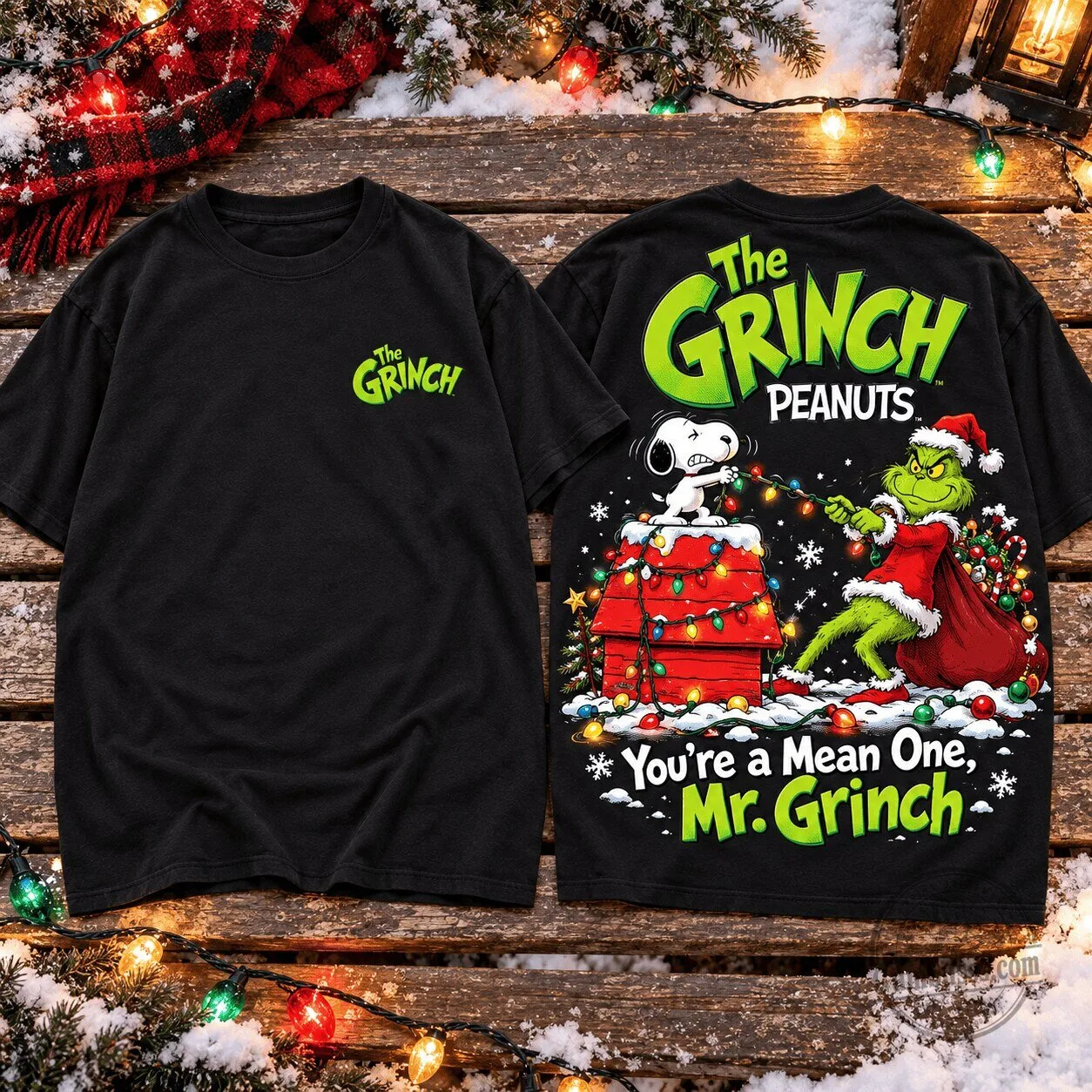 The Grinch and Snoopy Christmas Lights Holiday Festive Black T-Shirt