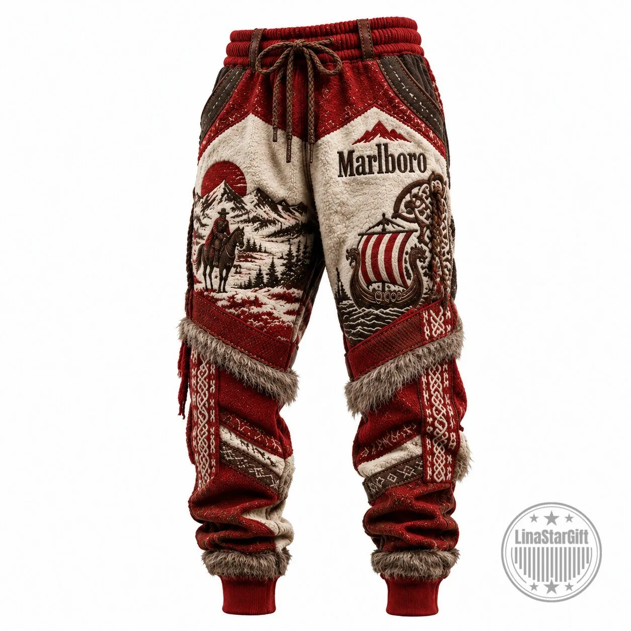 Marlboro Country Winter Mountain Cowboy Viking Ship Sherpa Fleece Pants
