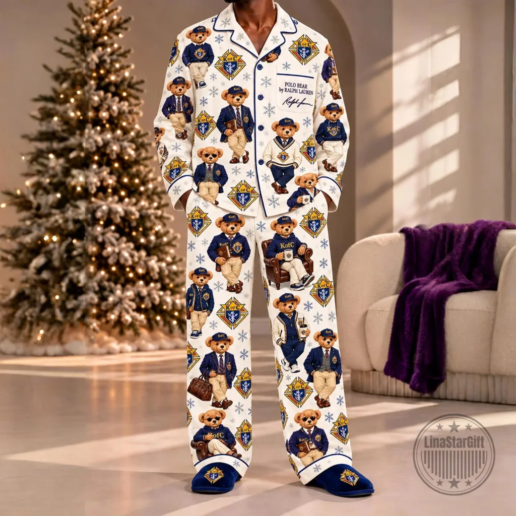 Ralph Lauren Christmas Pajamas Set featuring Polo Bear and Knights of Columbus Design Ralph Lauren Christmas Pajamas Set featuring Polo Bear and Knights of Columbus Design