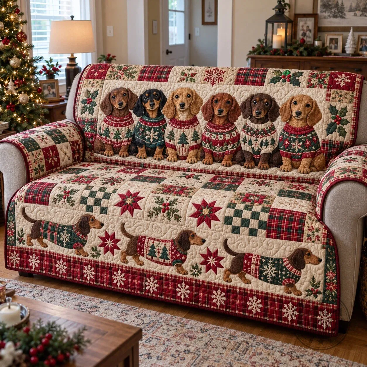 Christmas Dachshund Dog Quilted Sofa Cover for Holiday Home Decor